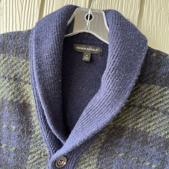 Banana Republic Wool Blend Shawl Collar Cardigan Navy Plaid S/M - Picture 3 of 7